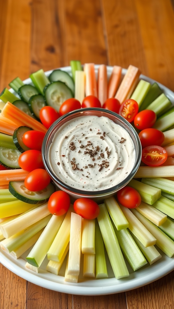 A platter of fresh vegetable appetizers with dip, showcasing cucumbers, cherry tomatoes, and celery.